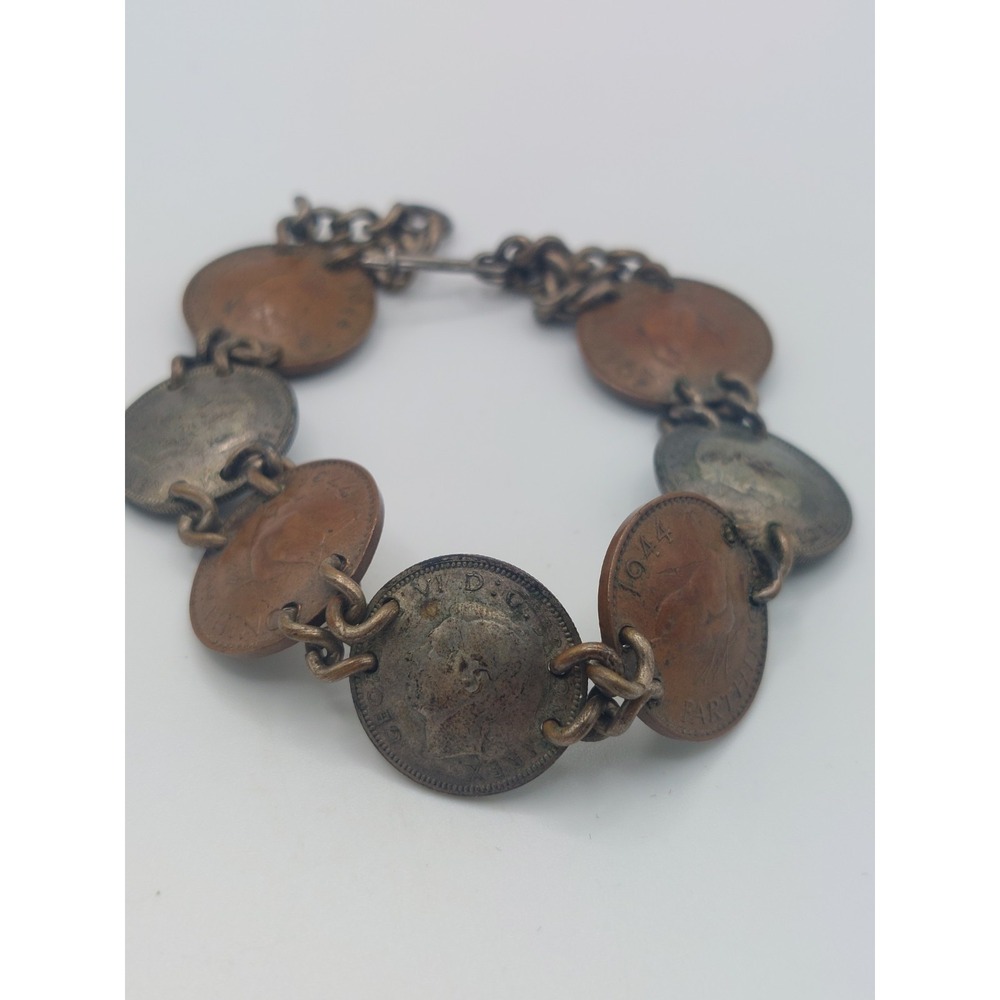 1940s British Coin Bracelet George VI Silver Threepence Farthings Vintage Retro